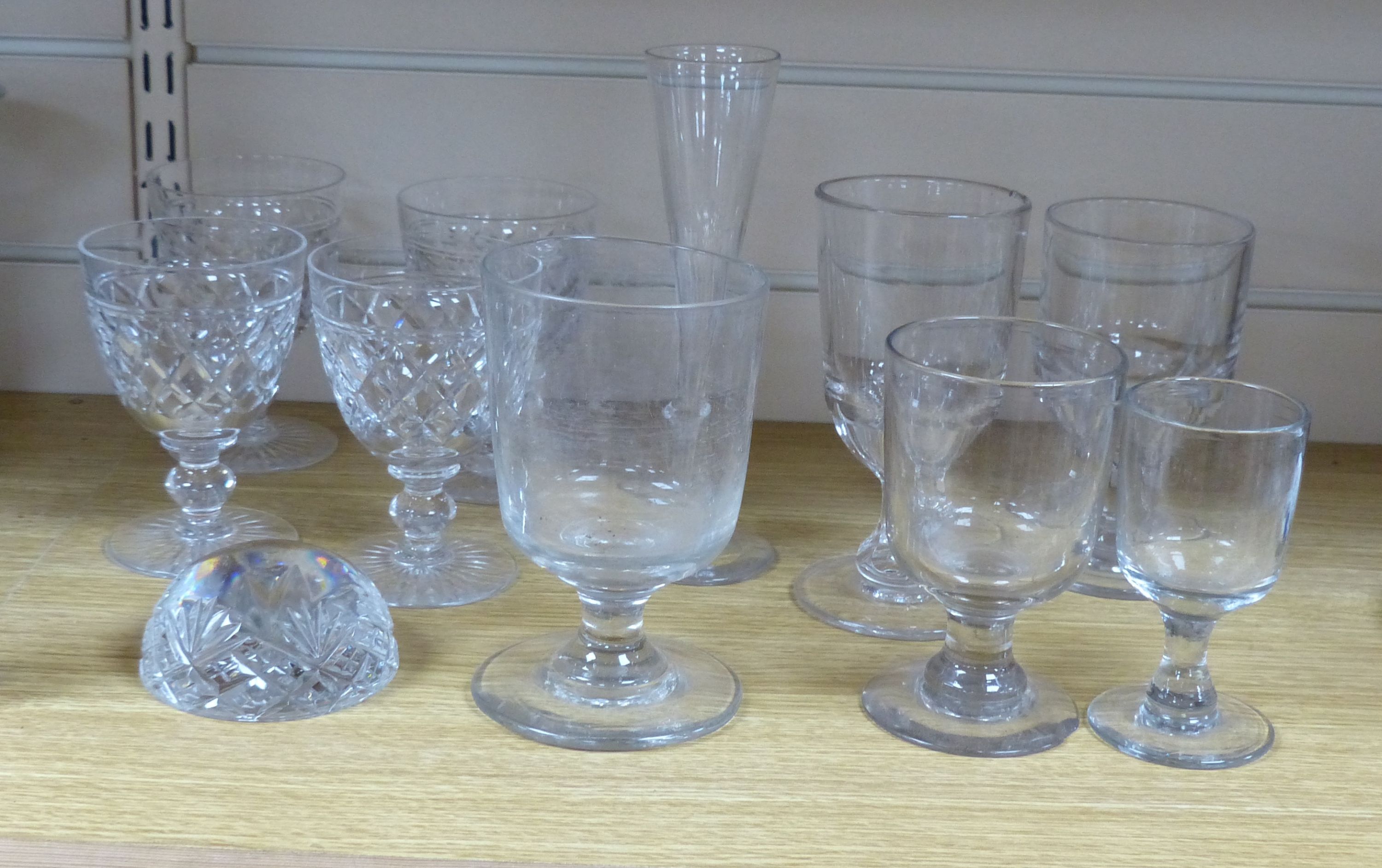 A small collection of wine and ale glasses, rummer height 15cm